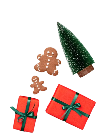 Wrapped red gifts, gingerbread men and a small decorated fir tree