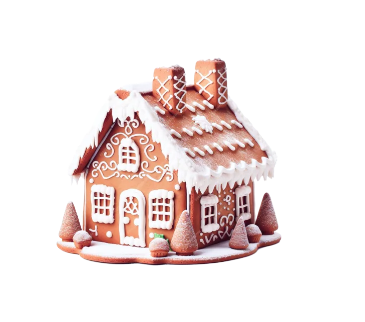 An iced gingerbread house dusted with snow
