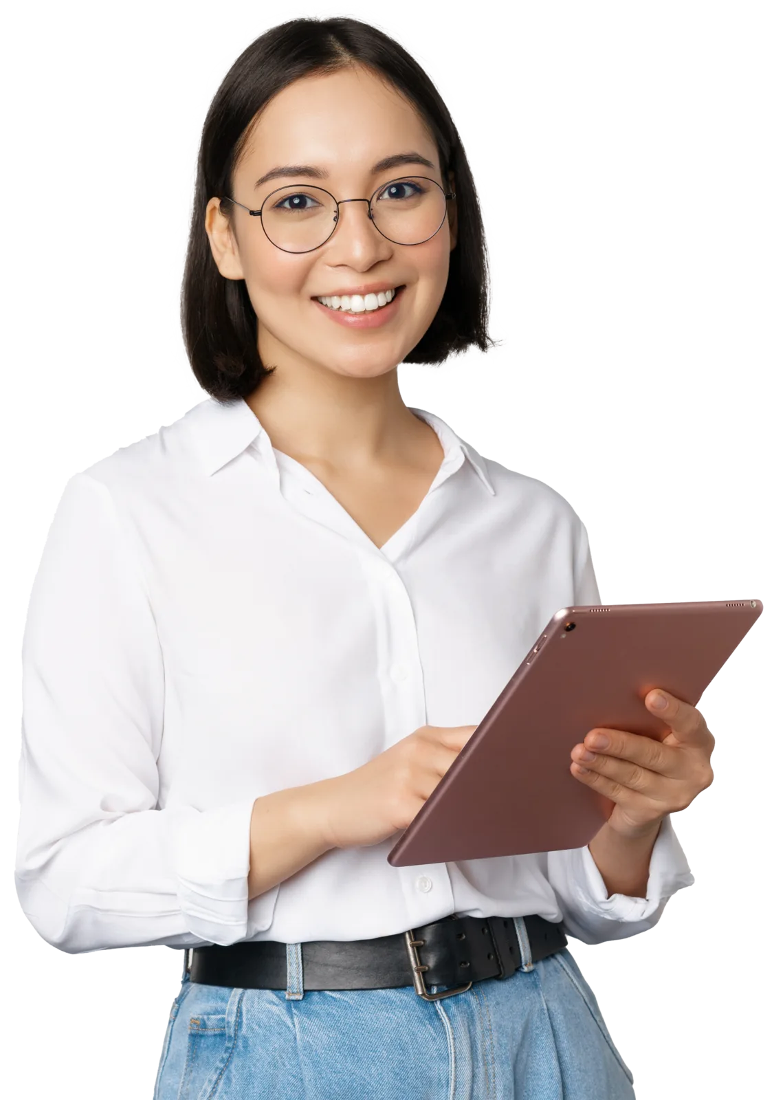 Smiling student holding a tablet