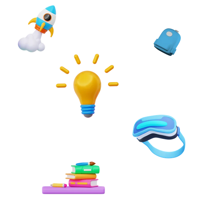 Illustrated rocket, lightbulb, backpack, virtual reality headset and stack of books