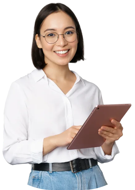 Smiling student in glasses holding a tablet