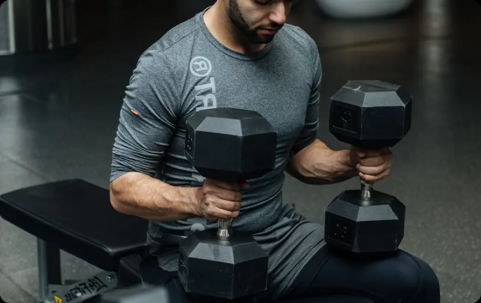 Member pressing a pair of hex dumbbells