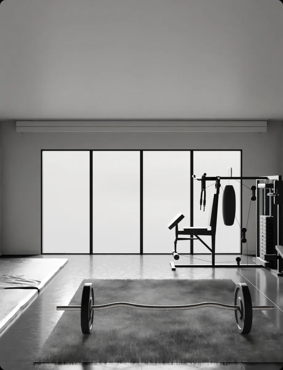 Riverside Studio open floor with a multi-station gym rig against a pale partition wall