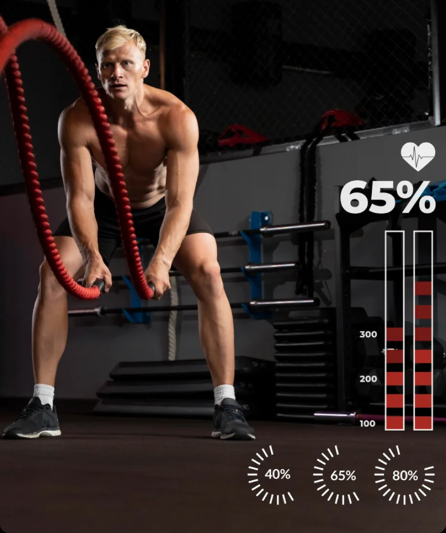 A member training with battle ropes beside a heart-rate and progress readout