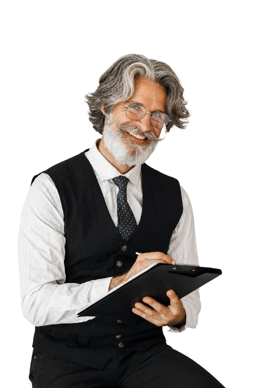 Smiling silver-haired founder in a waistcoat and tie writing on a clipboard