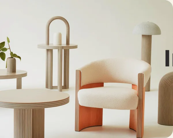 Boucle armchair, fluted side tables and a mushroom floor lamp in a cream room