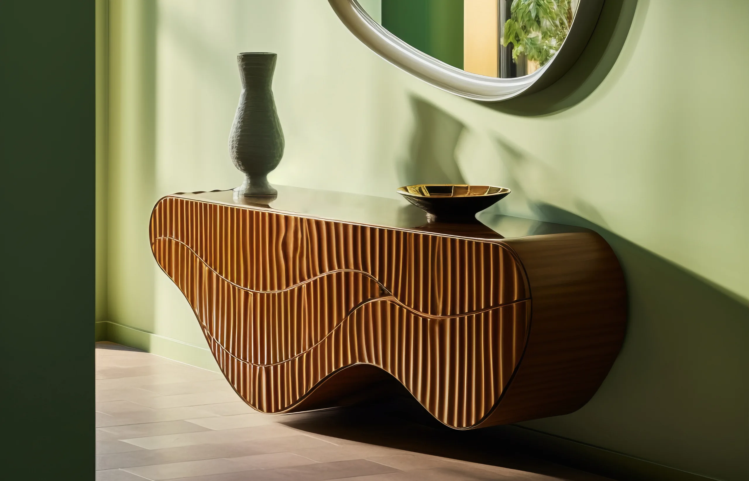 Sculpted walnut console under a round mirror on a sage wall