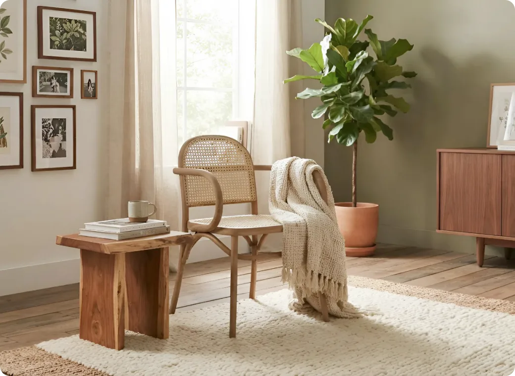 Sunlit living room with a rattan chair, wooden bench and a potted fiddle leaf fig