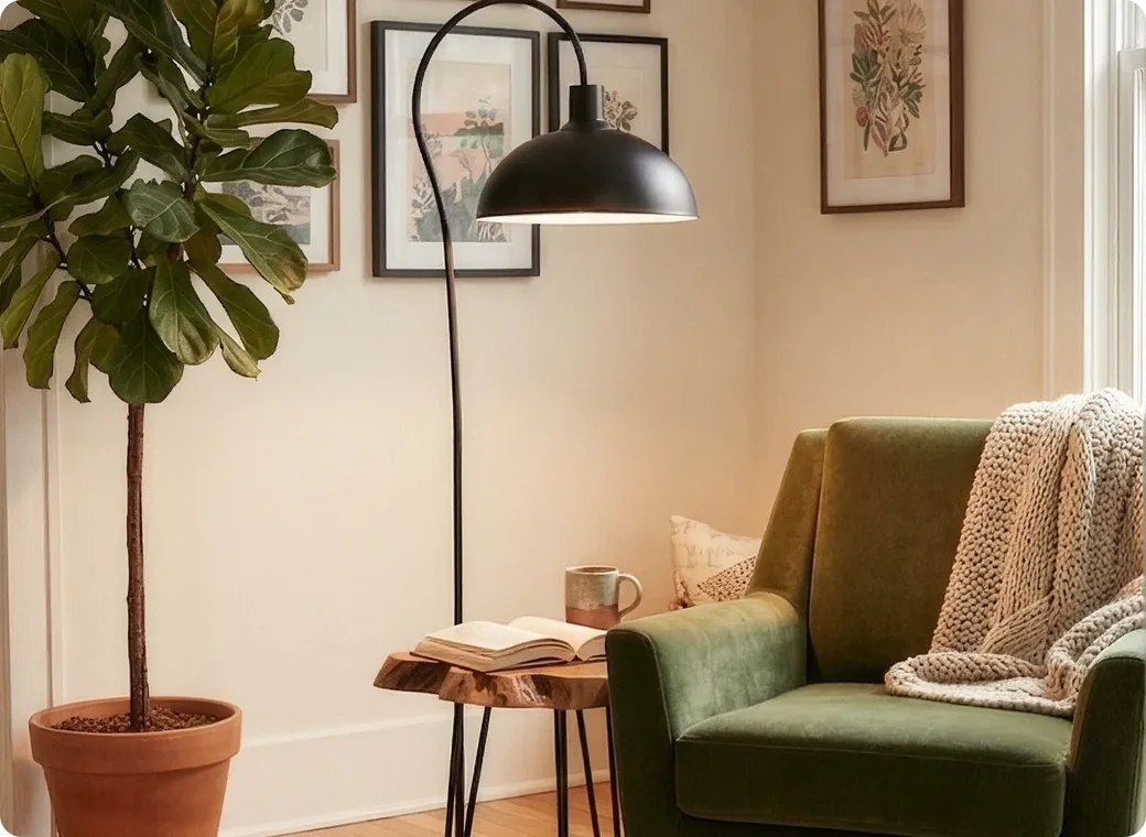Corner of a styled room with a leafy plant beside a terracotta pot