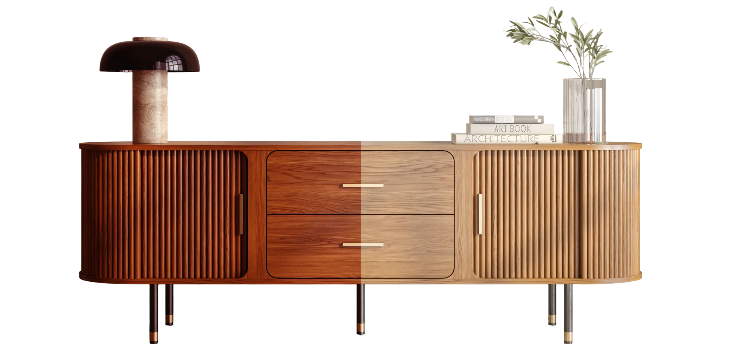 Sideboard shown in a dark walnut finish on the left and a pale oak finish on the right