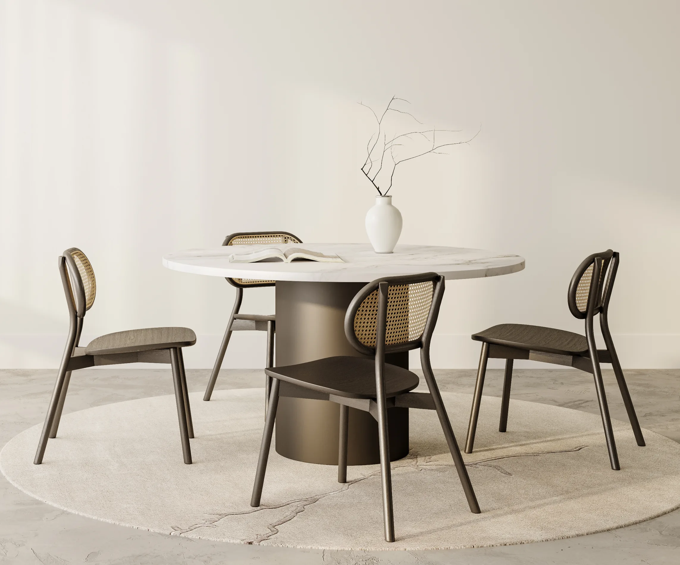 Cane and wood dining set with a round table on a pale round rug