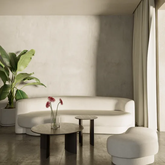 Nuve Home living room styled with a low wooden sofa