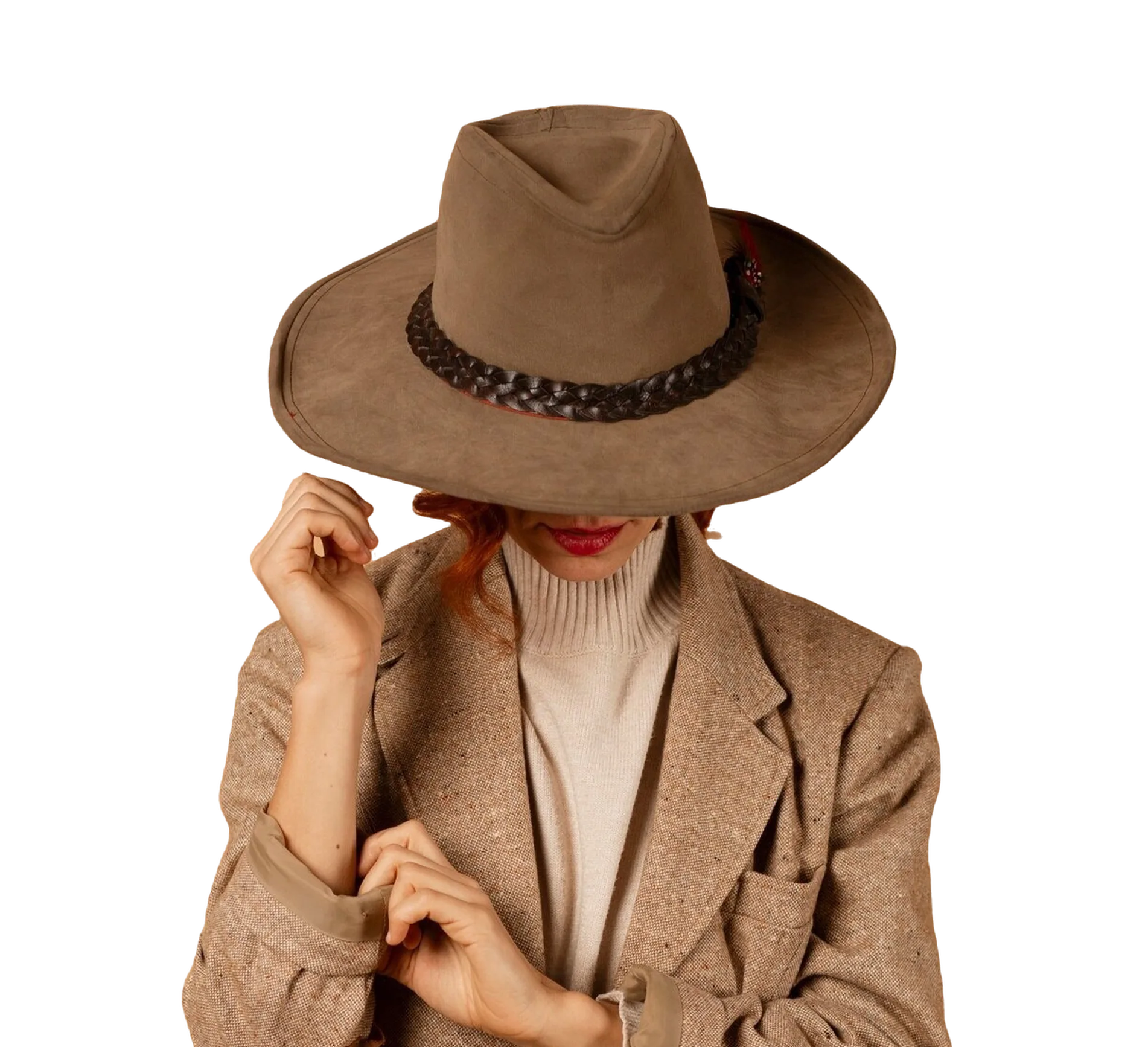 Woman in a wide brim fedora hat and tweed jacket
