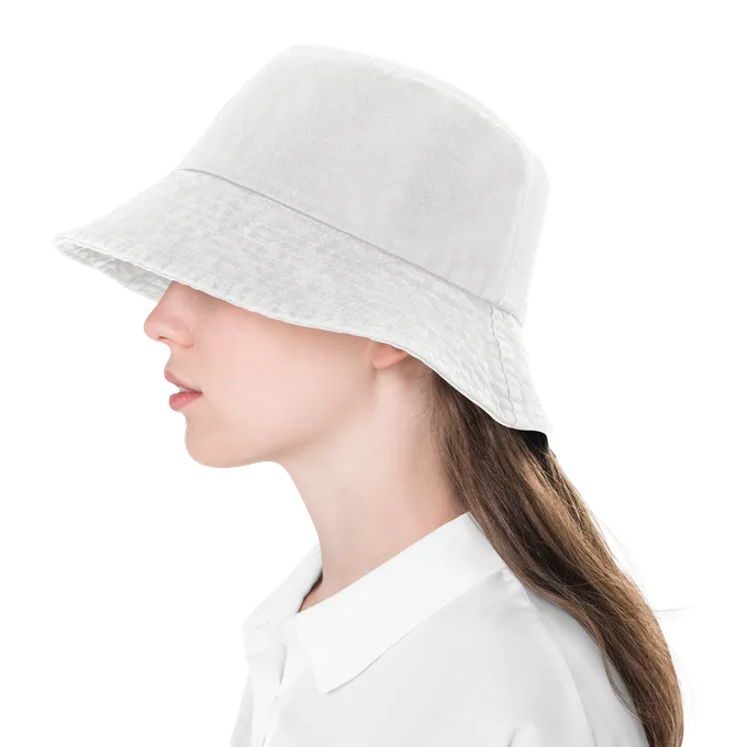 Teenage girl in a beige bucket hat and denim jacket