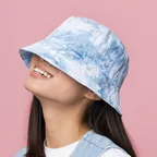 Woman in a blue tie dye bucket hat