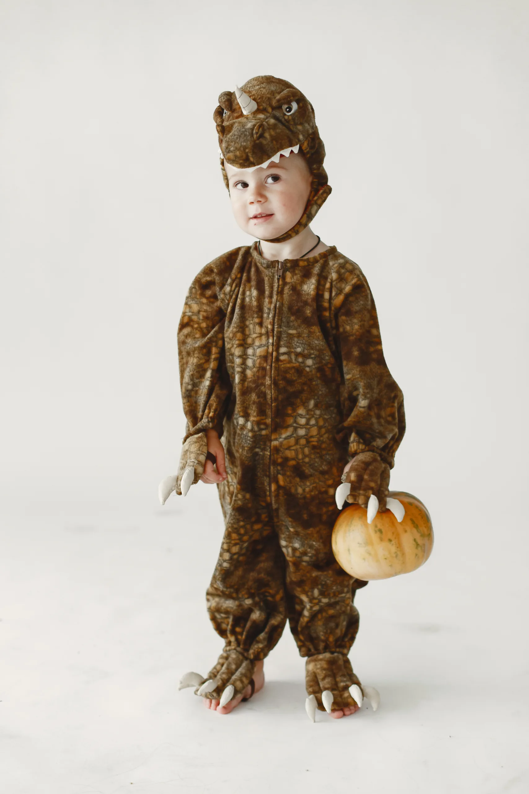 Child in a dinosaur costume holding a pumpkin