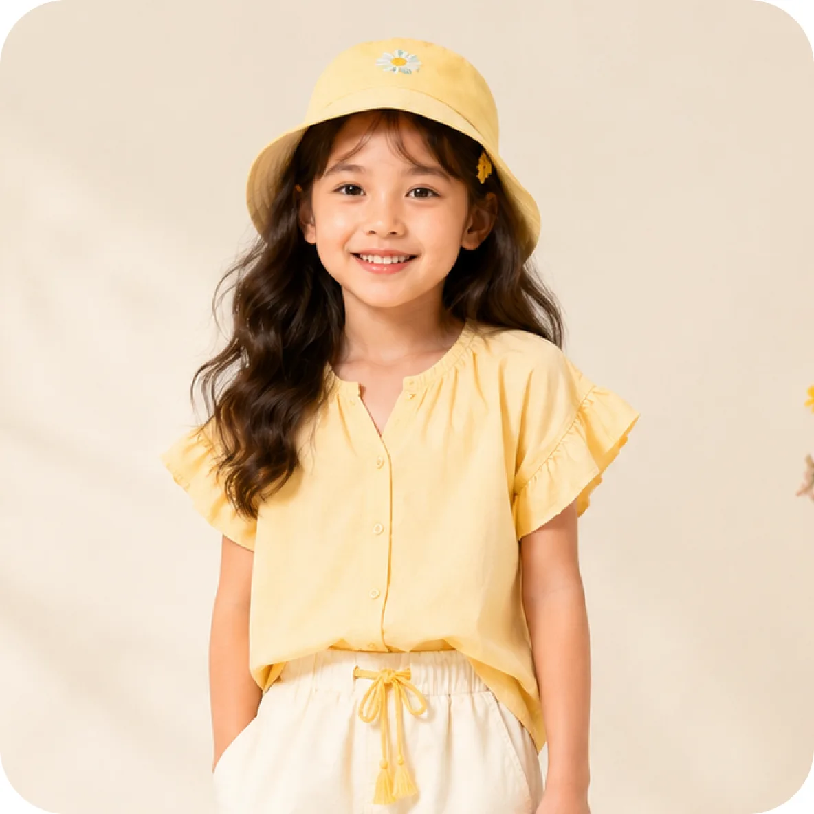 Smiling girl in a yellow blouse and matching bucket hat