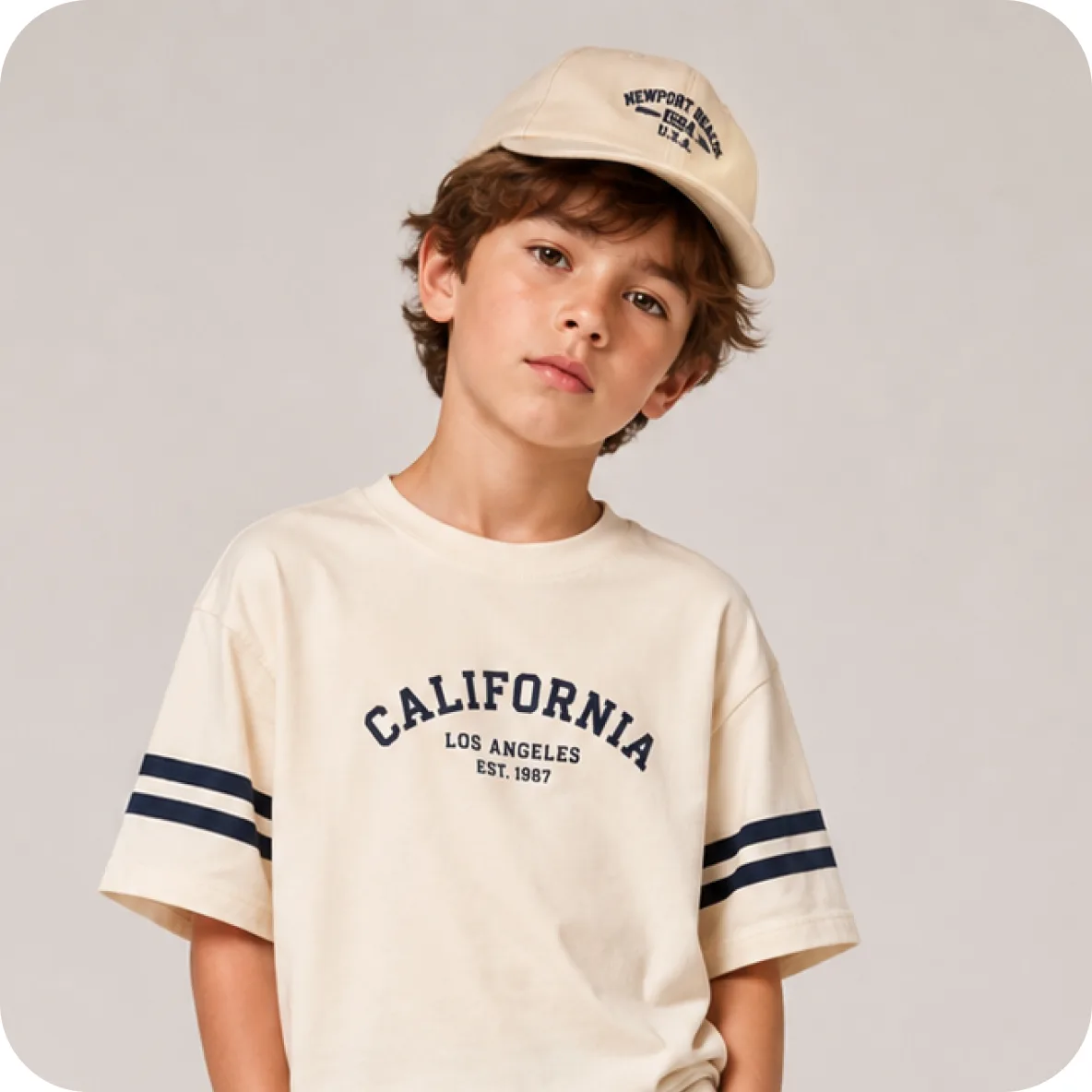 Boy in a cream varsity California tee and a canvas cap