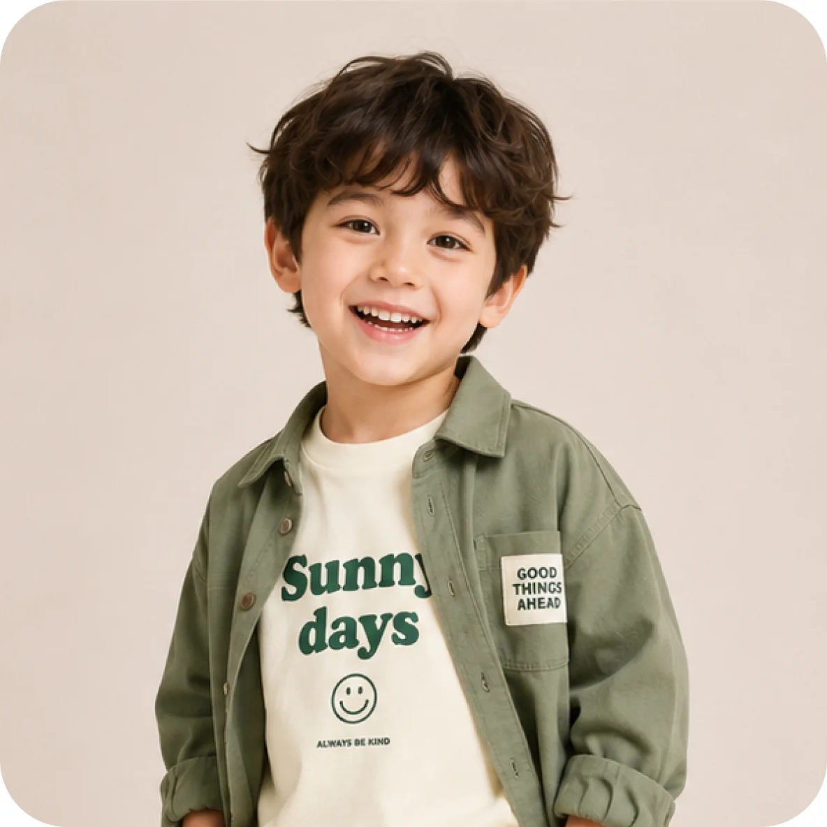Boy in a green shirt jacket over a Sunny days tee