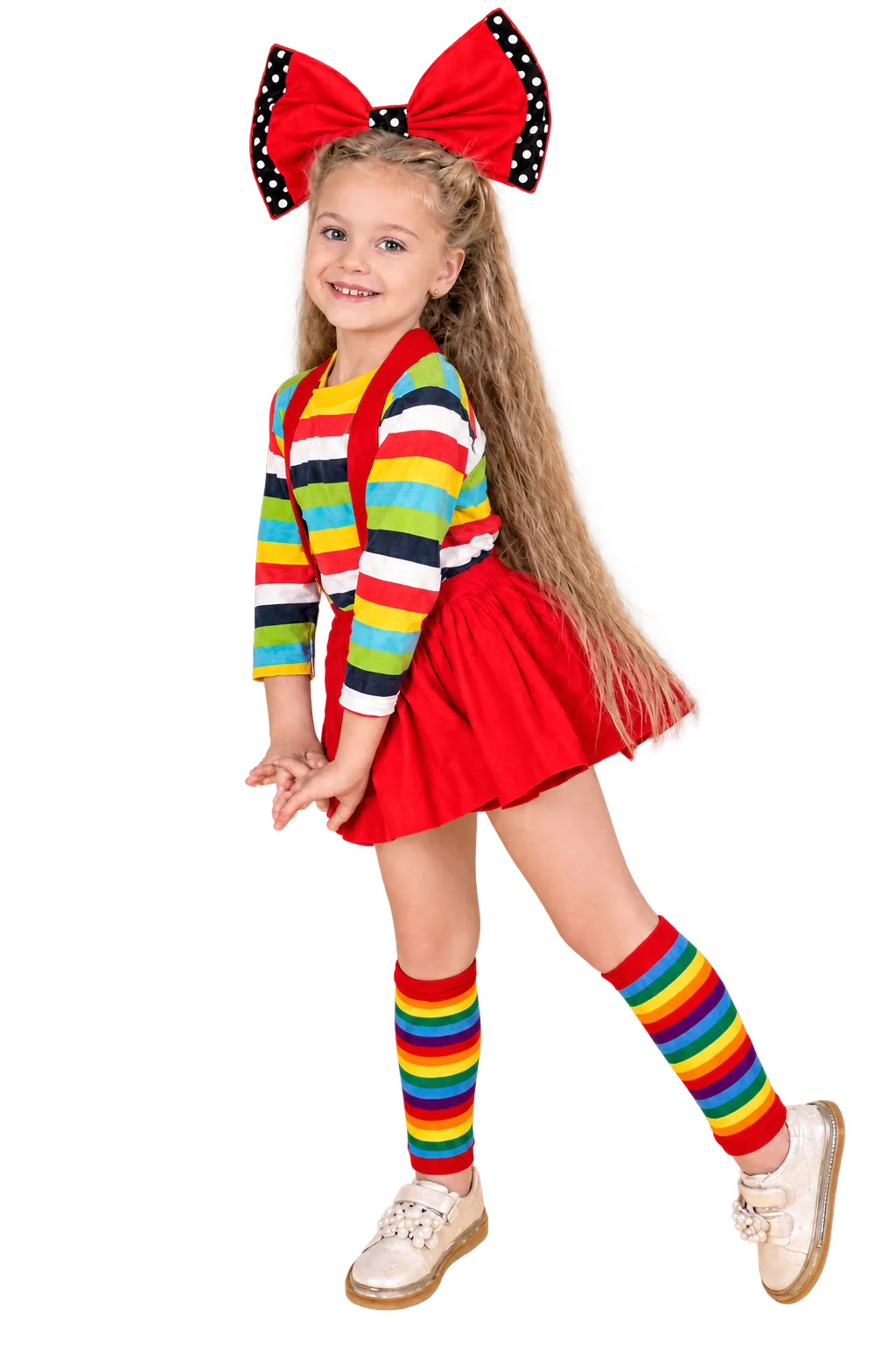 Smiling girl in a rainbow striped top with a large red polka dot bow in her hair