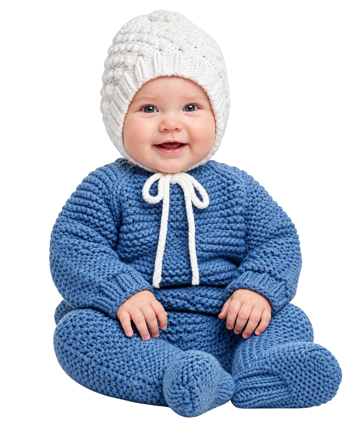 Baby in a blue knitted romper and a white bobble hat sitting down