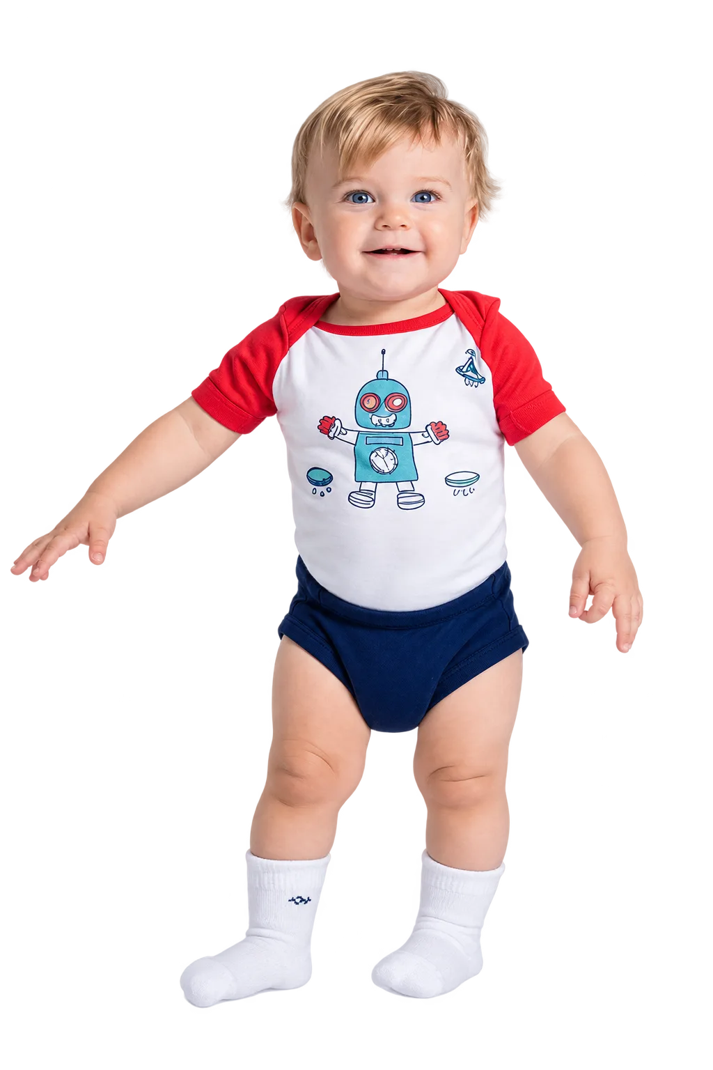 Toddler in a red sleeve robot print bodysuit standing with arms outstretched