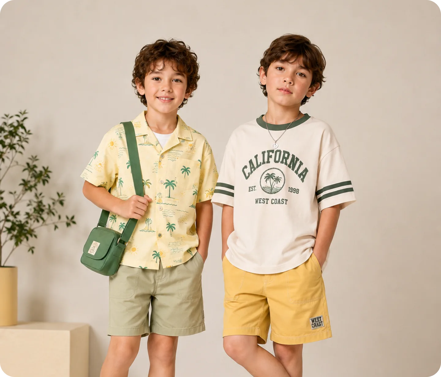 Two children in summer outfits standing together in a sunlit studio