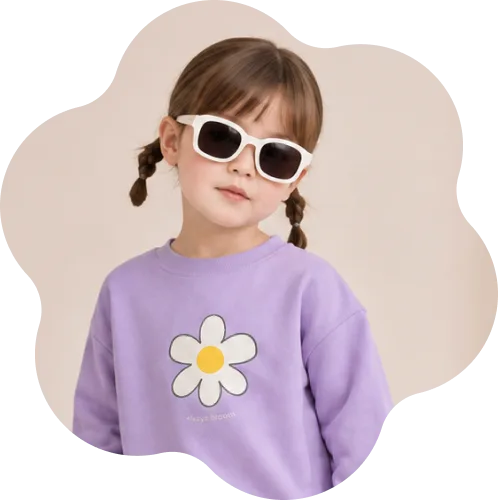 Girl in a lilac daisy sweatshirt wearing white sunglasses
