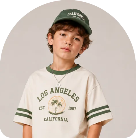 Boy in a green cap and a Los Angeles ringer tee