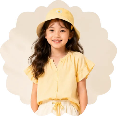 Girl in a yellow bucket hat and a yellow blouse