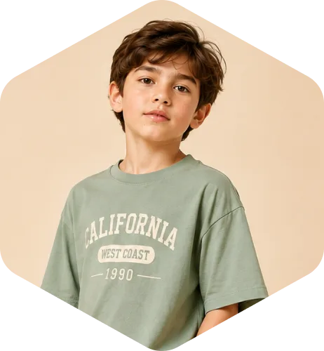 Boy in a sage green California T-shirt