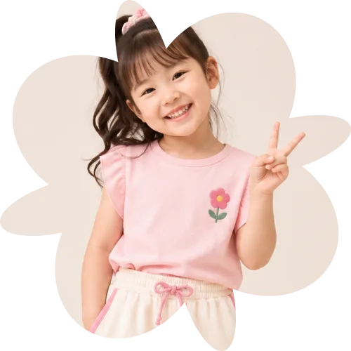 Girl in a pink flower T-shirt making a peace sign