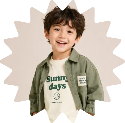 Boy in an olive shirt over a Sunny Days T-shirt