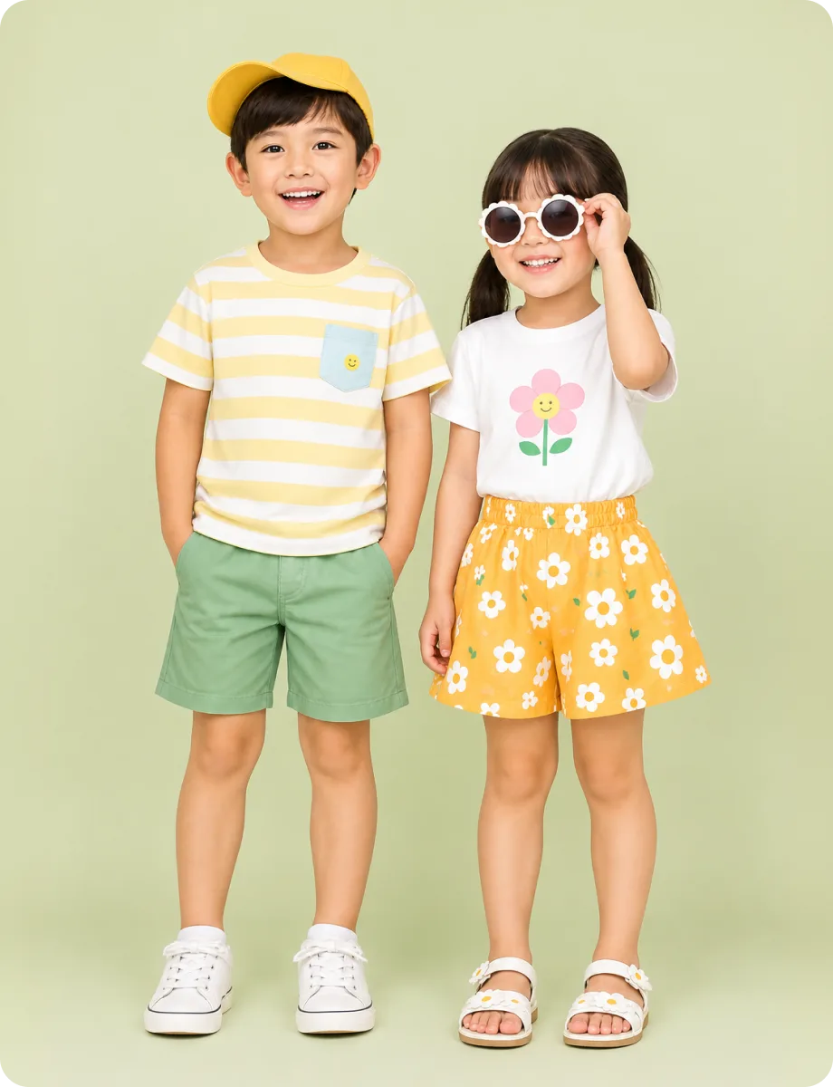 Two children in a striped tee and floral shorts on a sage studio ground