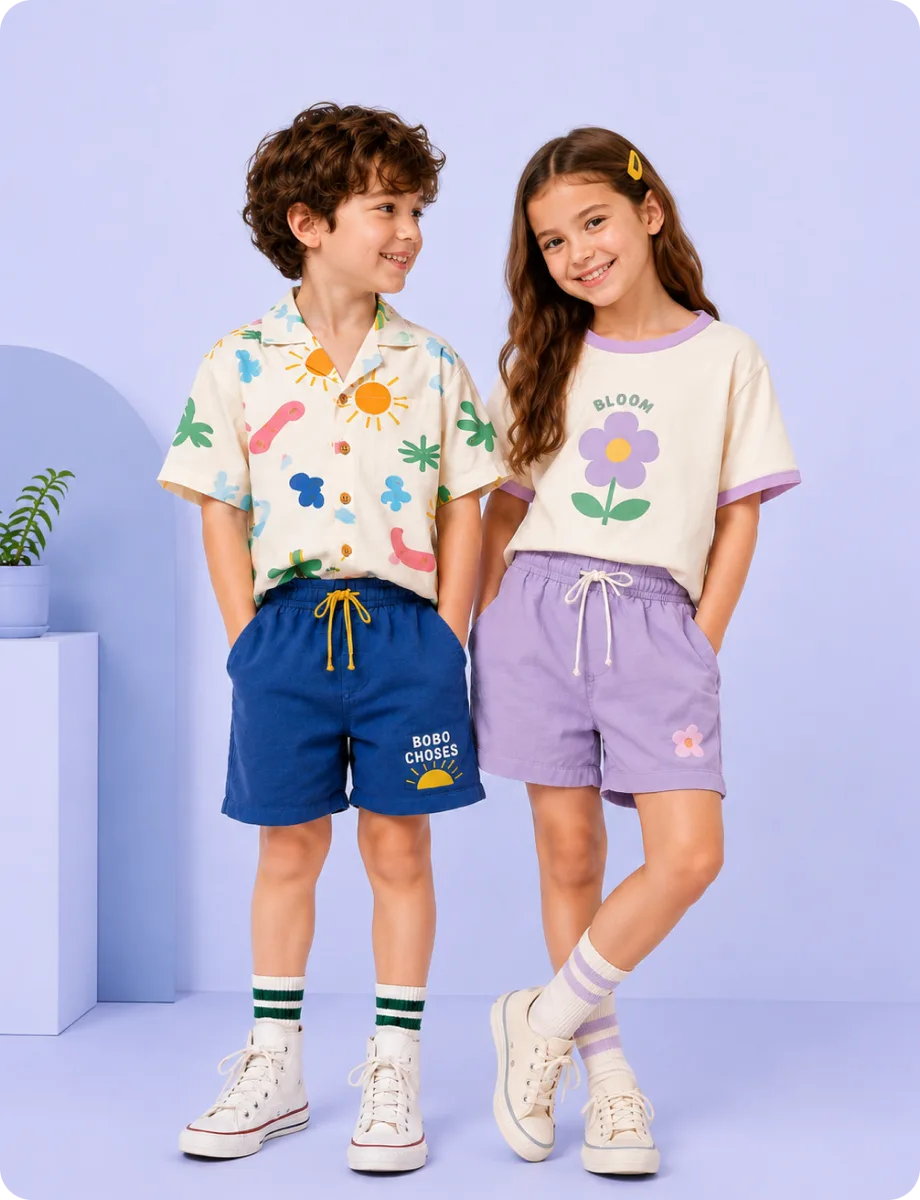 A boy and a girl in printed summer sets on a periwinkle studio ground