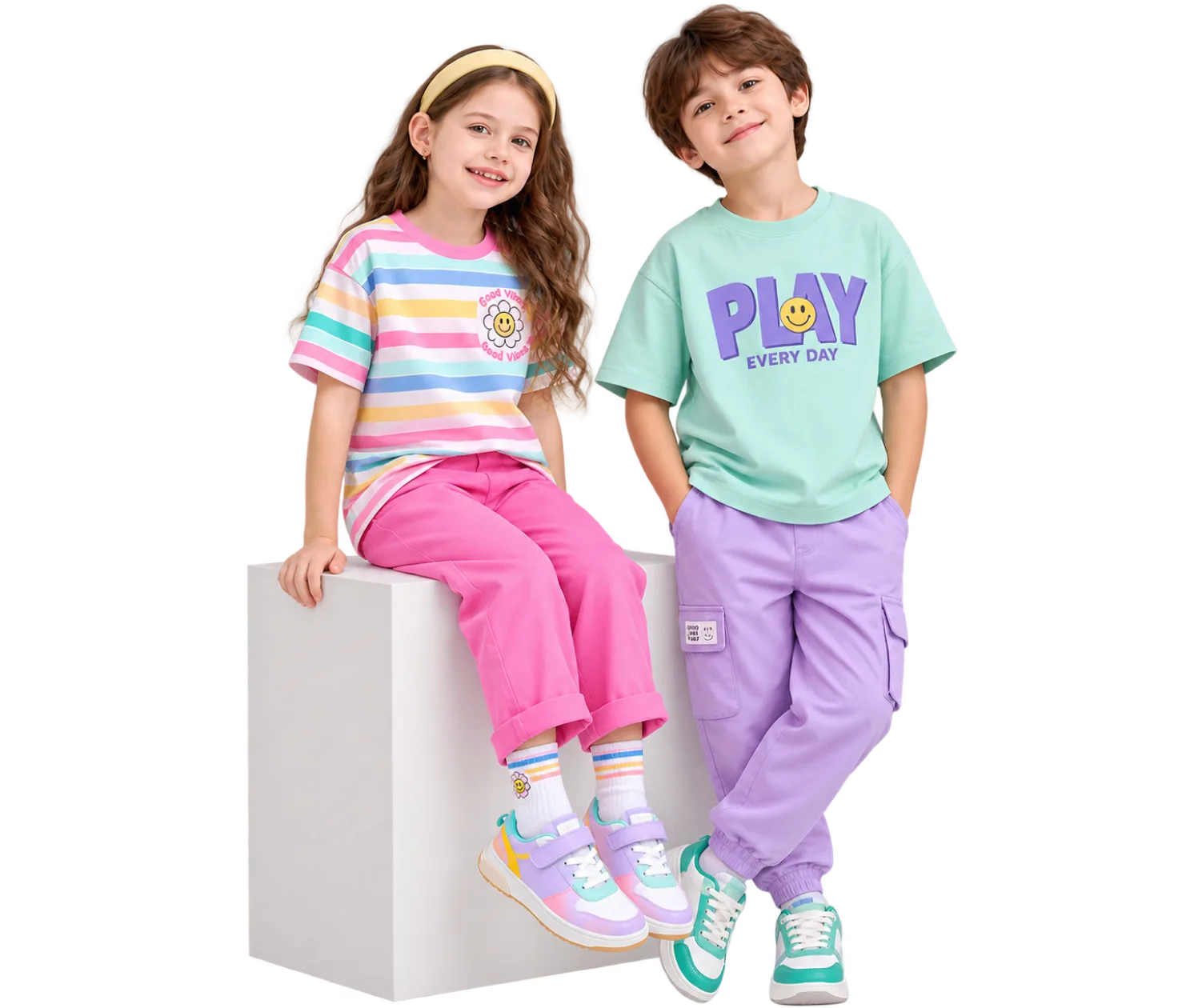 Two children in bright play outfits perched on a white block