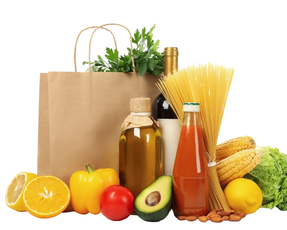 Paper grocery bag holding fresh produce, oil and juice bottles