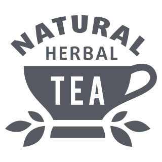 Herbary brand mark, a teacup badge reading Natural Herbal Tea