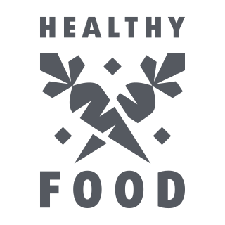 Rootwell brand mark, crossed carrots between the words Healthy and Food