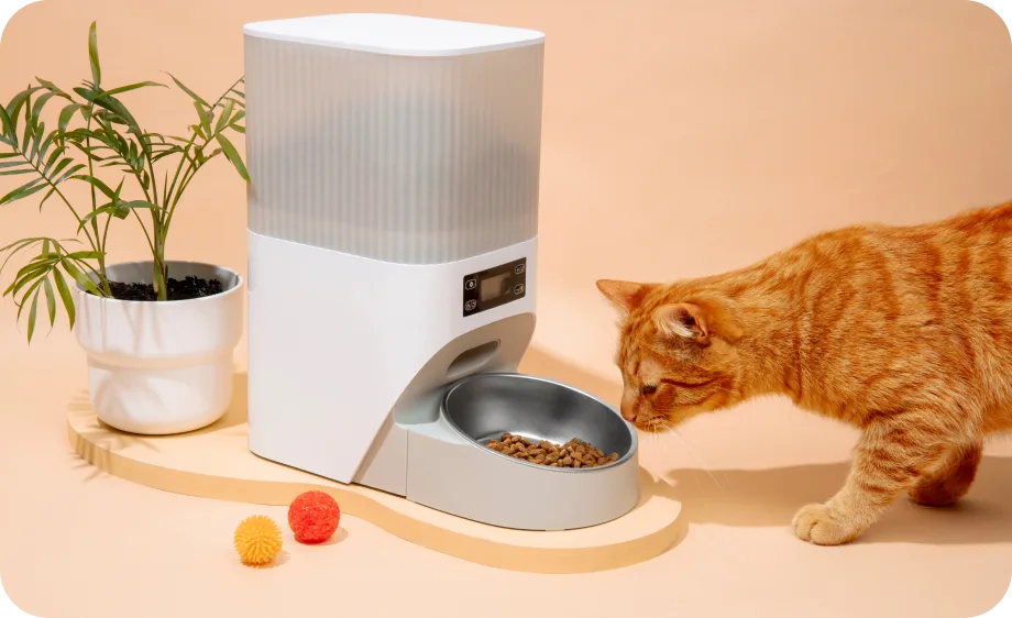 Ginger cat eating from an automatic feeder beside a potted plant