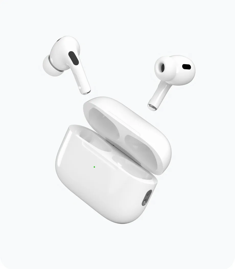 Wireless earbuds beside their charging case