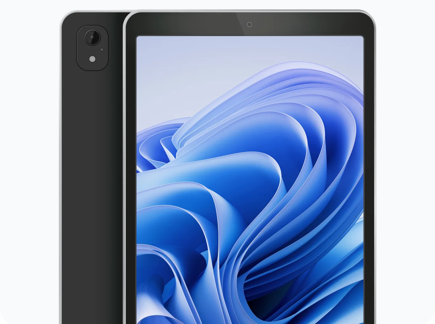Tablet shown front and back on a pale background