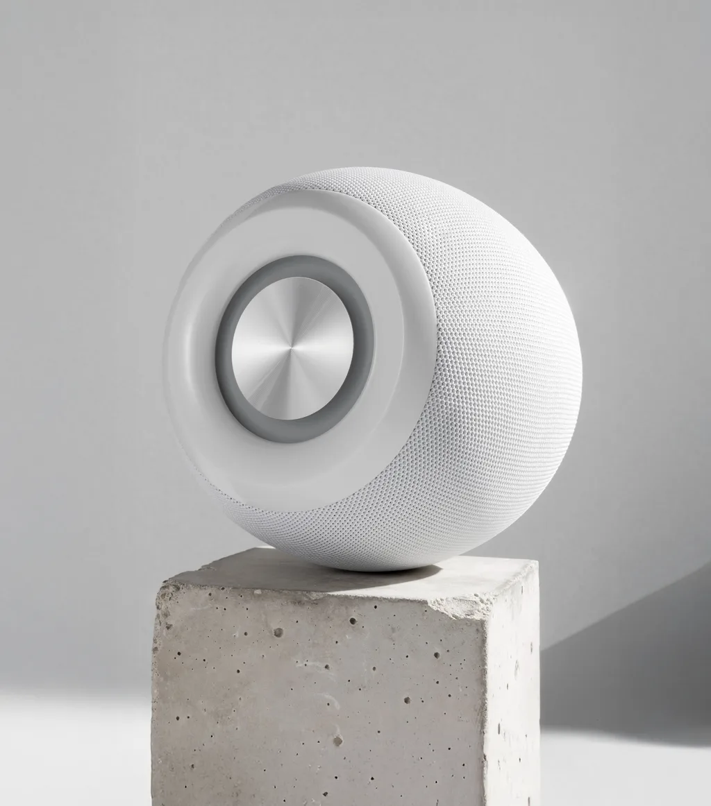 Spherical white speaker resting on a concrete plinth in soft studio light