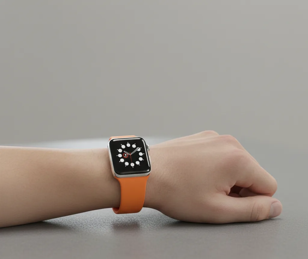 Smartwatch with an orange sport band worn on a wrist resting on a grey surface