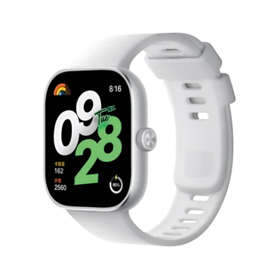 Square smartwatch showing a green digital clock face