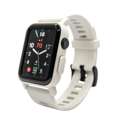 Smartwatch with a cream band and a black clasp