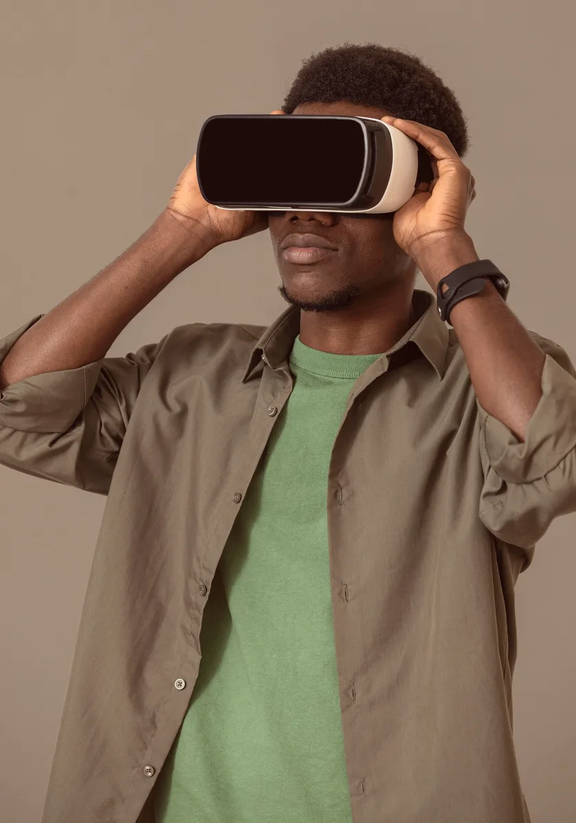 Customer trying on a virtual reality headset at home