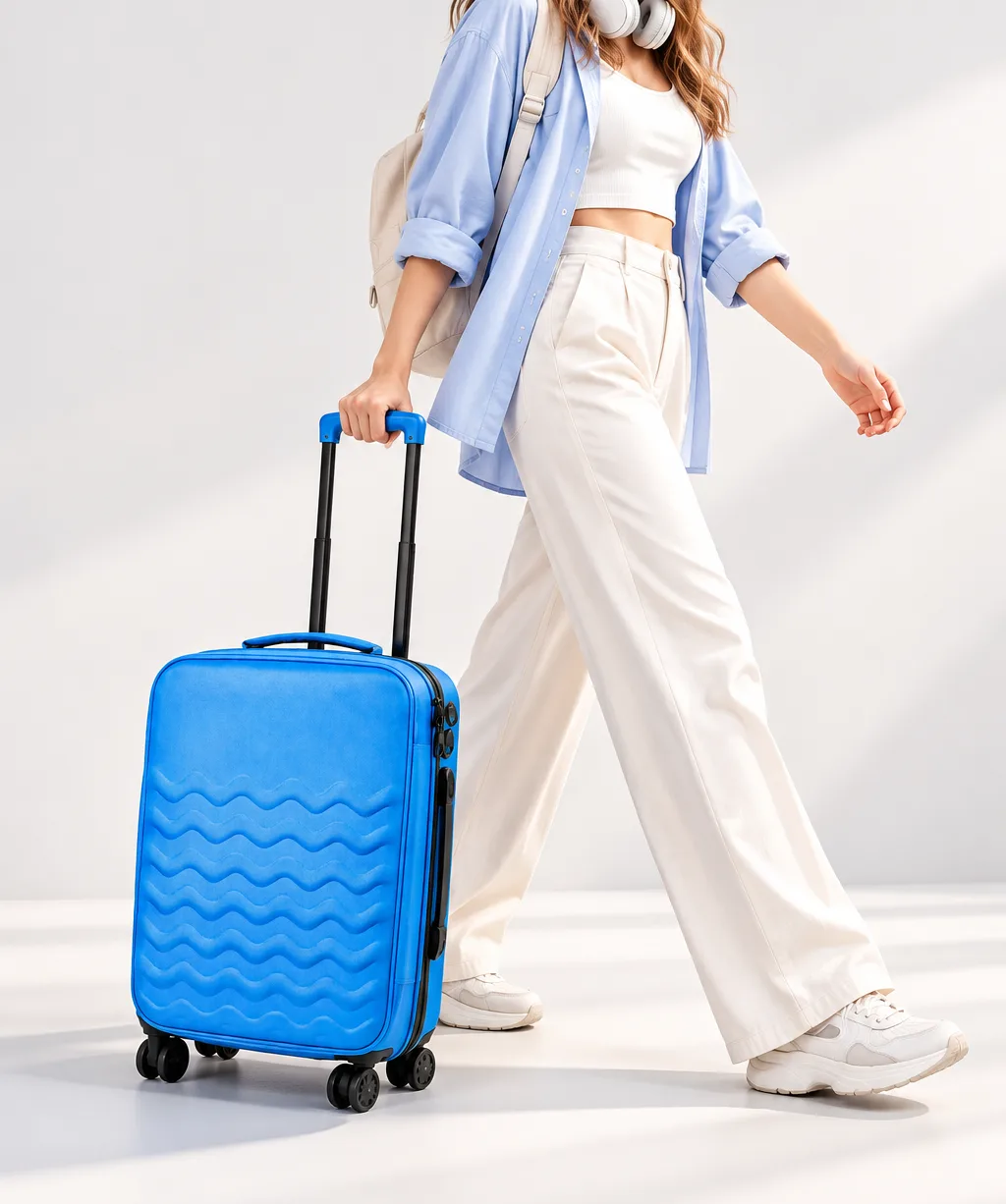 A traveller in a blue shirt and cream trousers wheeling a bright blue carry-on suitcase