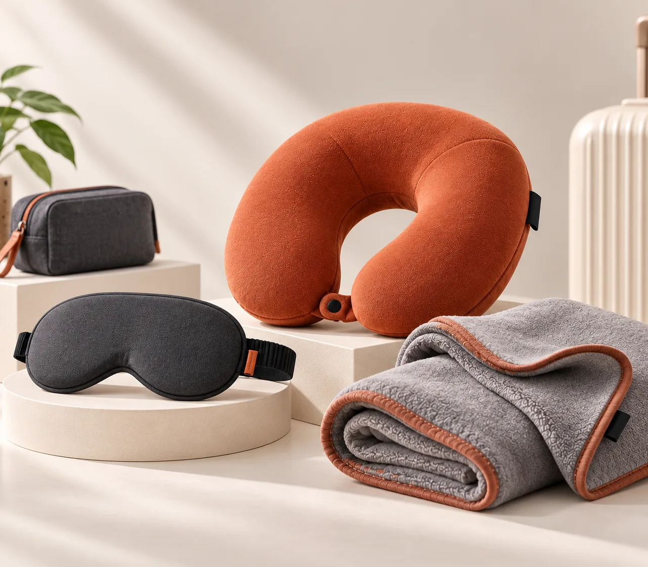 A rust-orange neck pillow, eye mask and folded grey blanket arranged on a warm beige surface