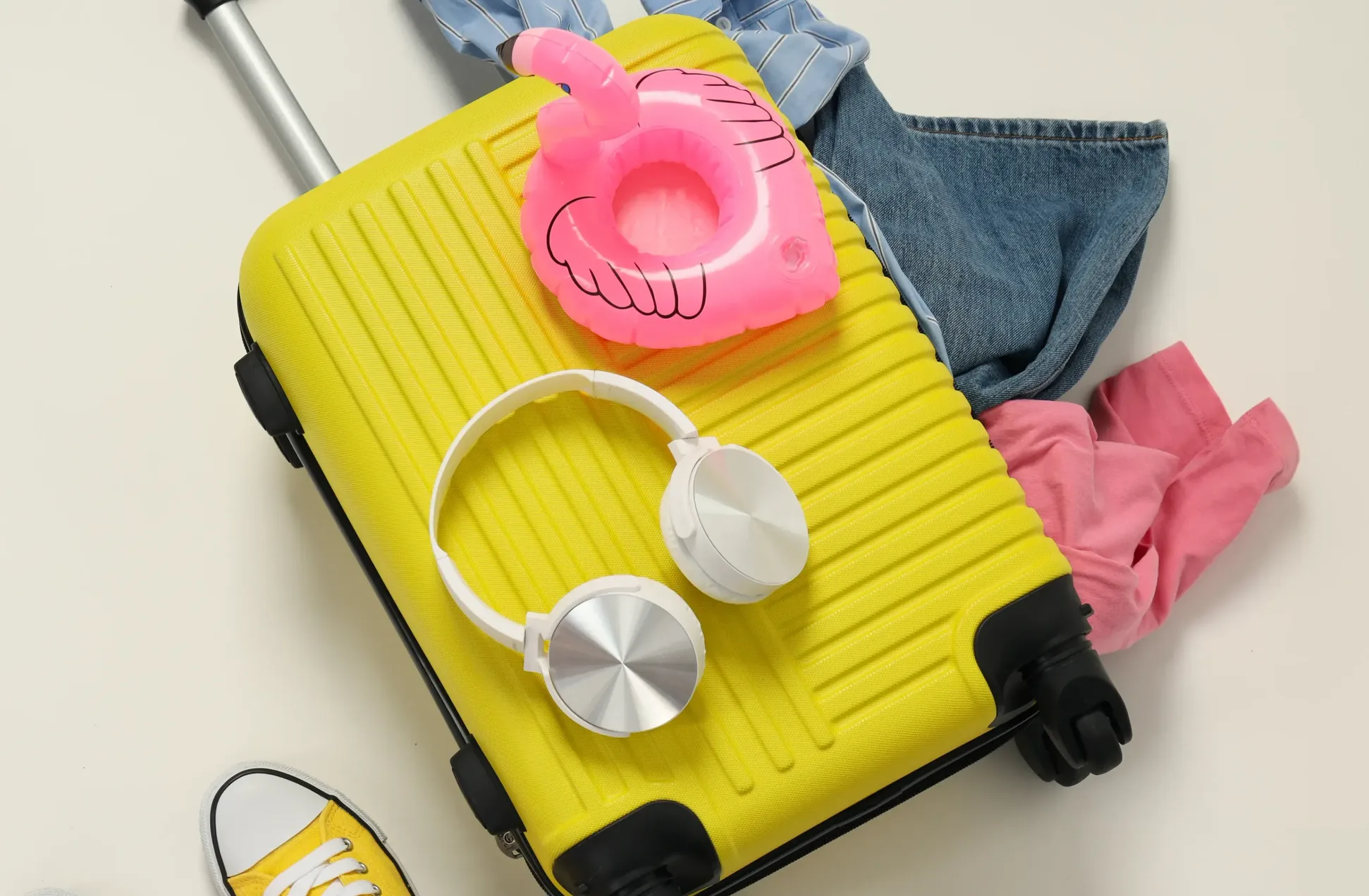 An open yellow hard-shell carry-on packed with clothes, headphones and travel accessories, seen from above